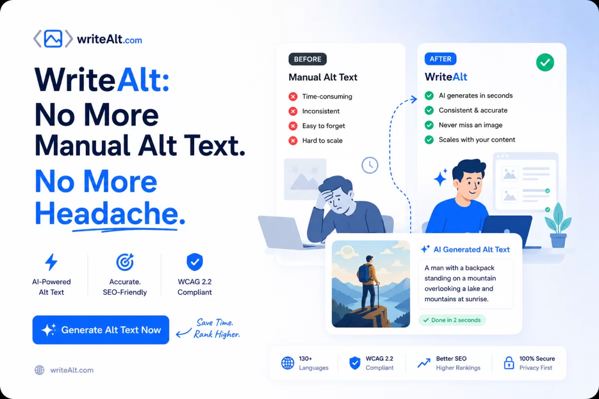WriteAlt: No More Manual Alt Text. No More Headache. Upload 100 Images. Get Alt Text in Seconds.