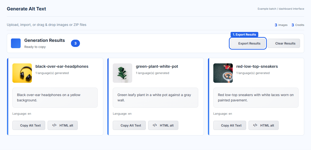 Example WriteAlt results for three images with the Export Results button highlighted