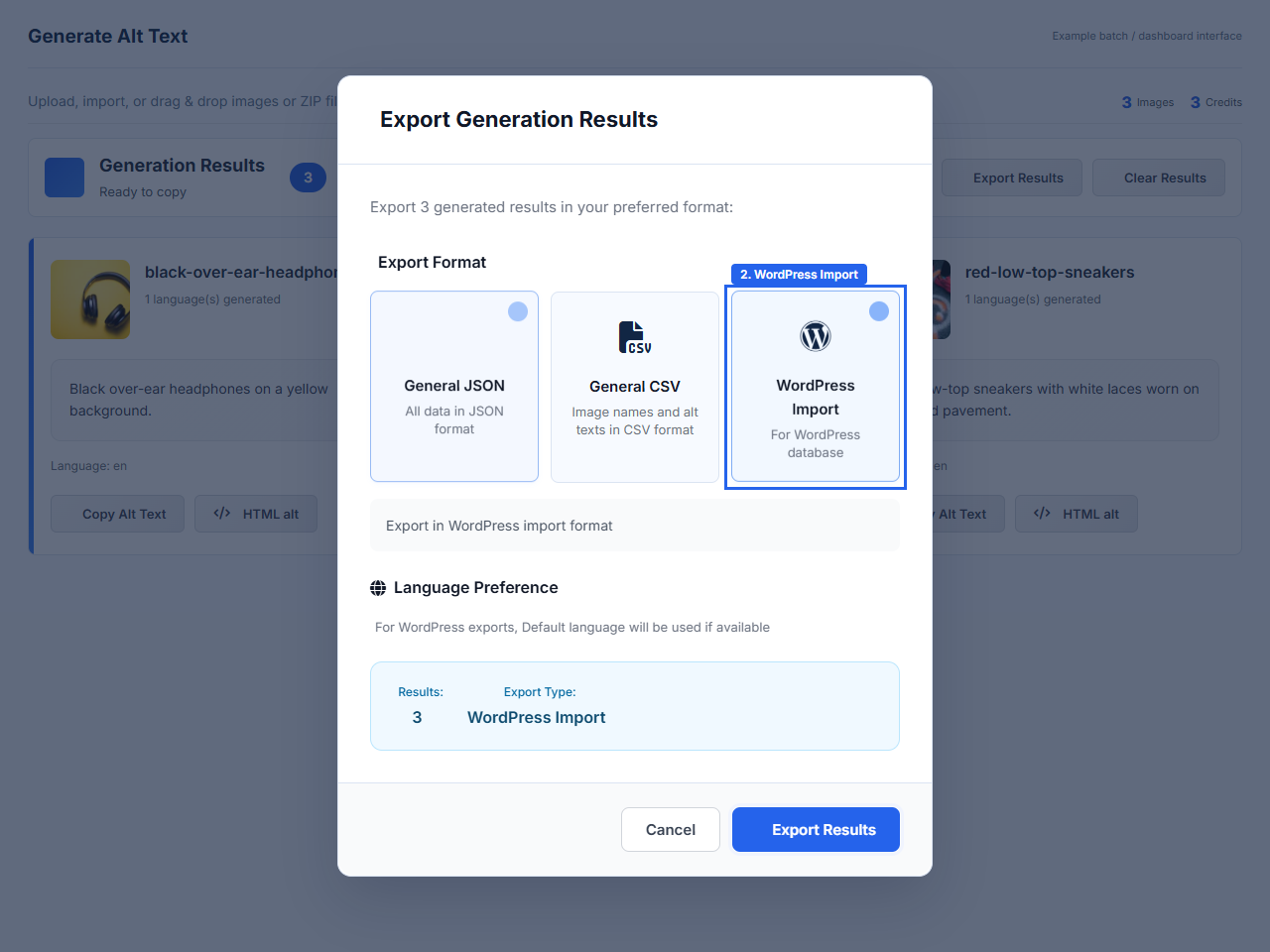 WriteAlt export dialog example with WordPress Import selected and the export action highlighted