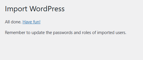 WordPress importer completion screen displaying All done